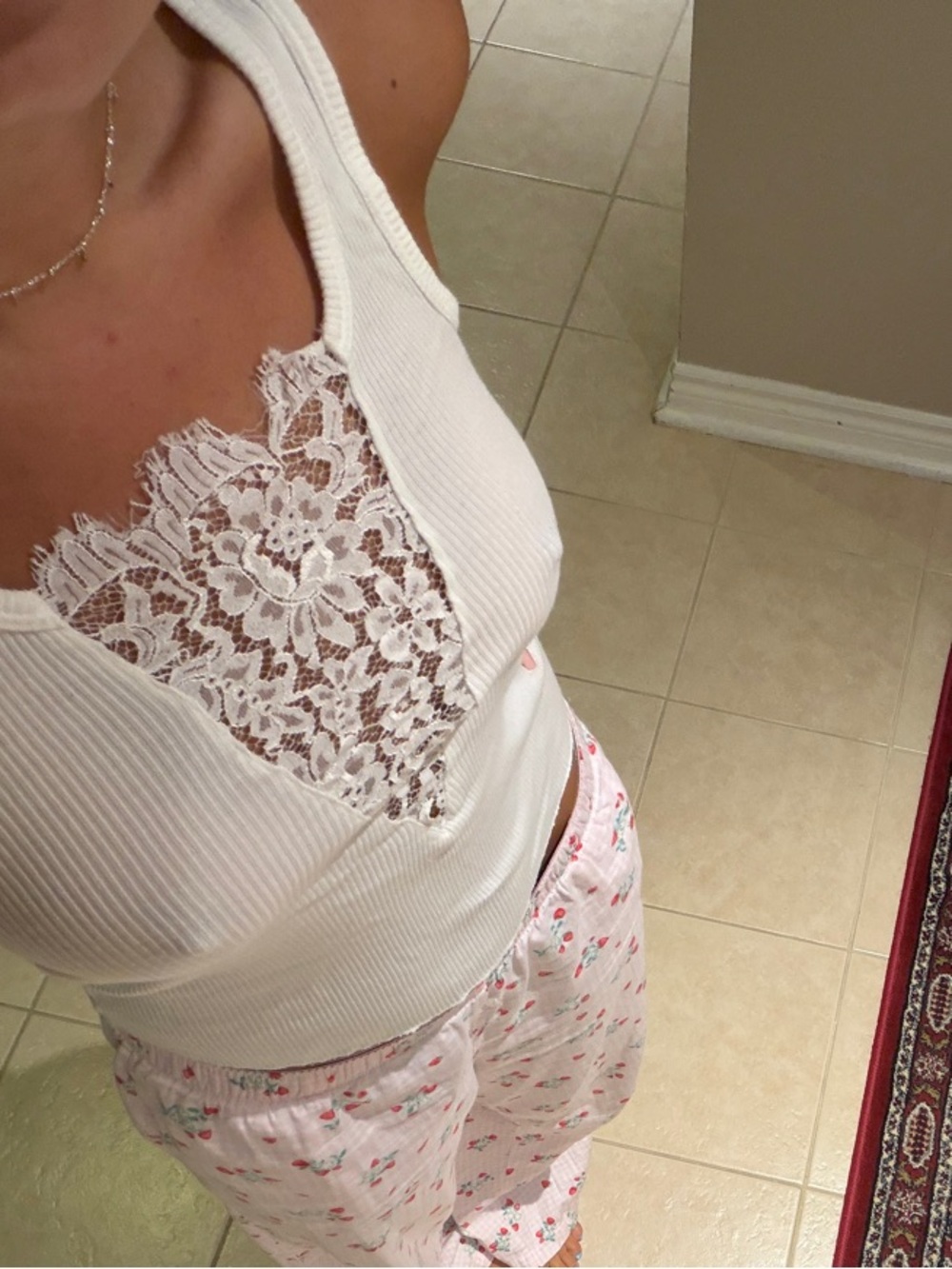 Victoria's Secret White Ribbed Lace Trim Tank Top